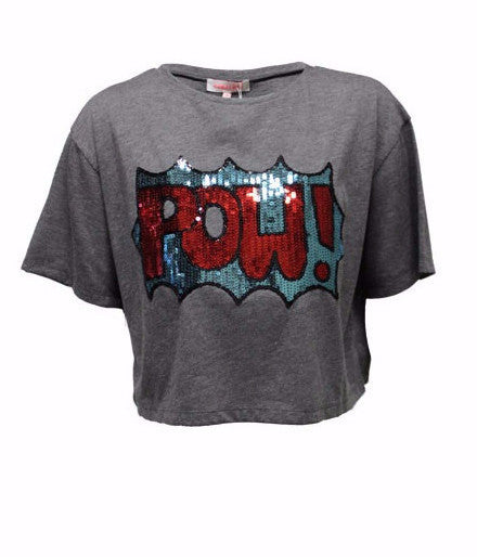 Pow Sequin Gray Crop Tee