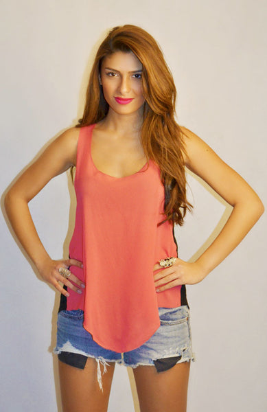 Shredded Back Top - Coral